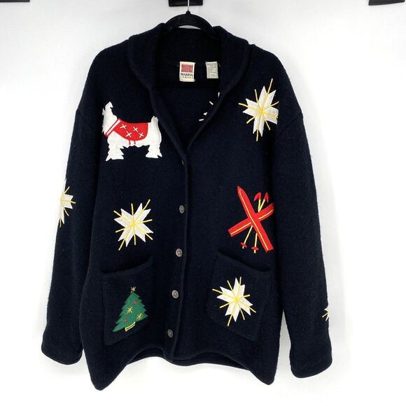 Vintage Marisa Canvas Ugly Christmas Sweater Cardigan Boiled Wool Women’s Size L - Picture 1 of 10